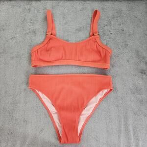 Mae Bikini Size M Orange Ribbed Top Bottoms Padded D-Ring High Cut Beach Stretch